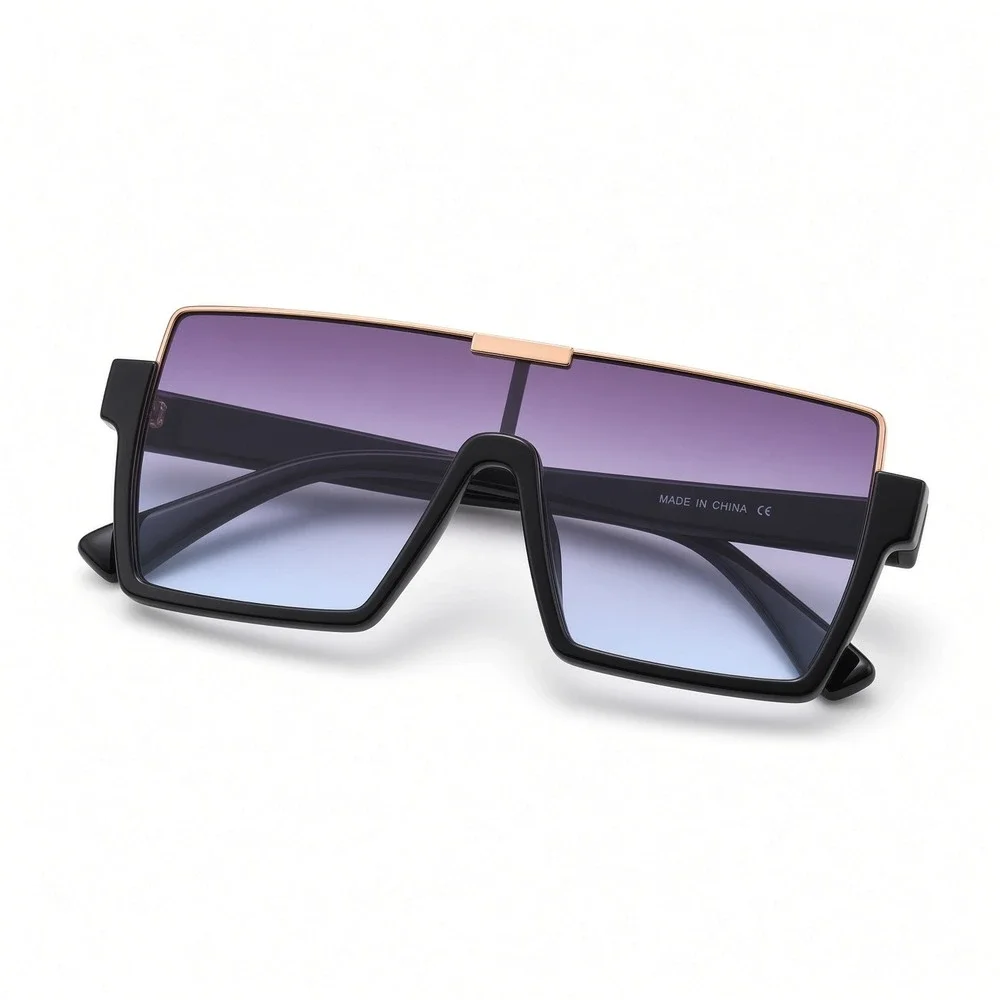 Oversized Square Shield Sunglasses Black Flat Top Blue Gradient Lens Women Fancy
